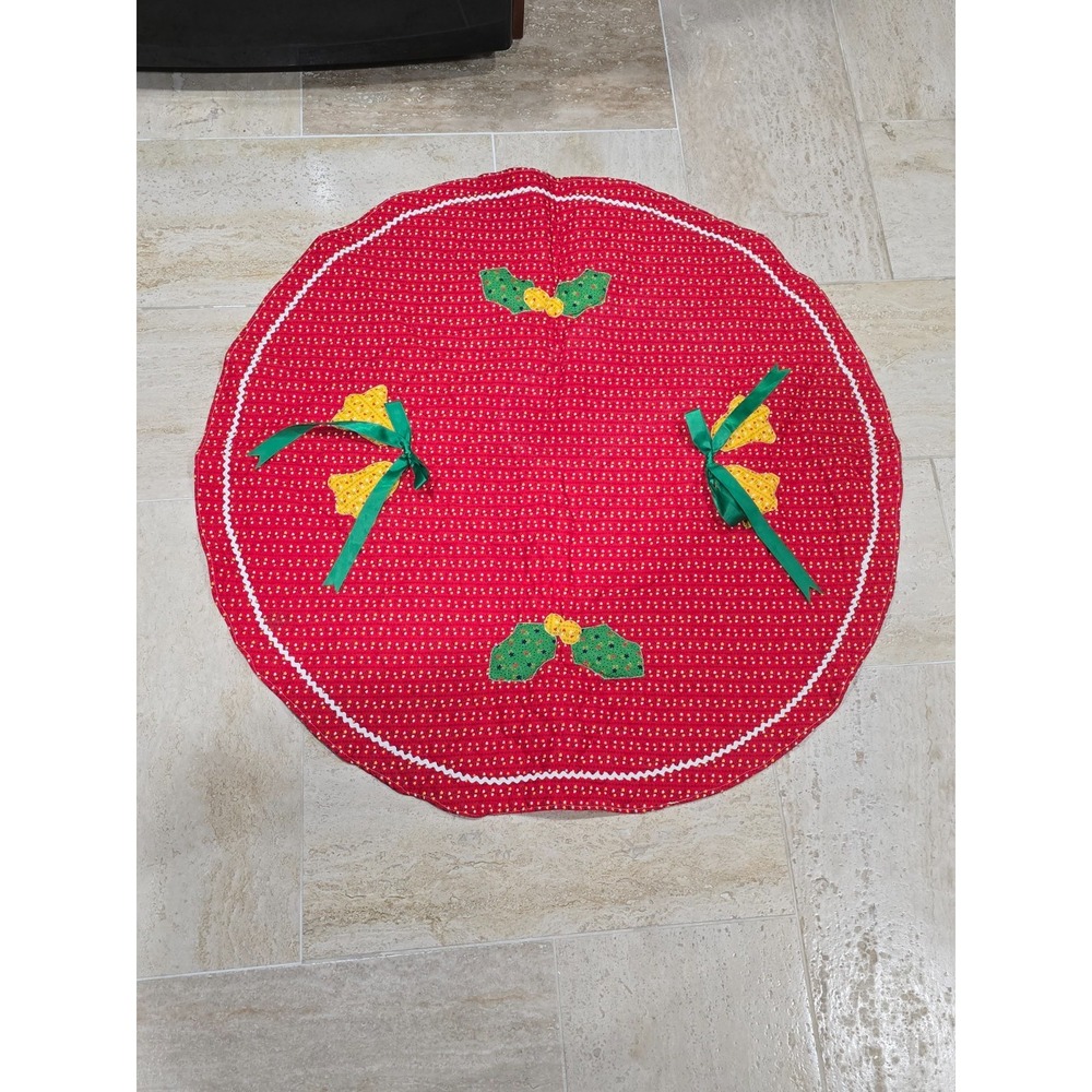 Vintage Handmade Appliqué Felt Christmas Tree‎ Skirt Retro 1980s Bows Holly 39